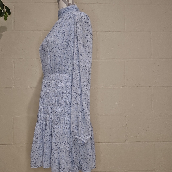 House of Harlow 1960 Shona Joy Mockneck Long Sleeve Smocked Mini Dress Blue L. - Picture 2 of 13